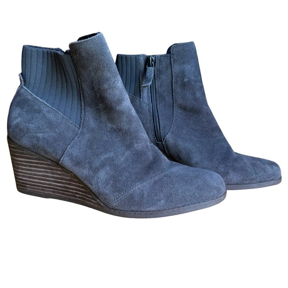 Toms Sadie Wedge Gray Suede Ankle Boots Booties Side Zip Shoes Leather sz 9.5